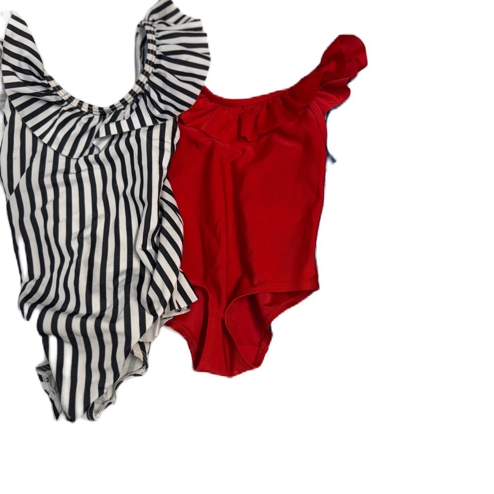 Baby Girl 12 m Black and White Striped, Red Ruffle & Blue Ribbon Swim One Piece - Picture 3 of 10